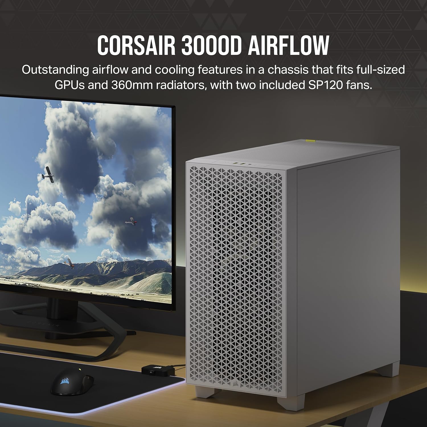 Corsair 3000D Airflow Mid-Tower PC Case - White - 2X SP120 Elite Fans - Four-Slot GPU Support ? Fits up to 8X 120mm Fans - High-Airflow Design - Image 2