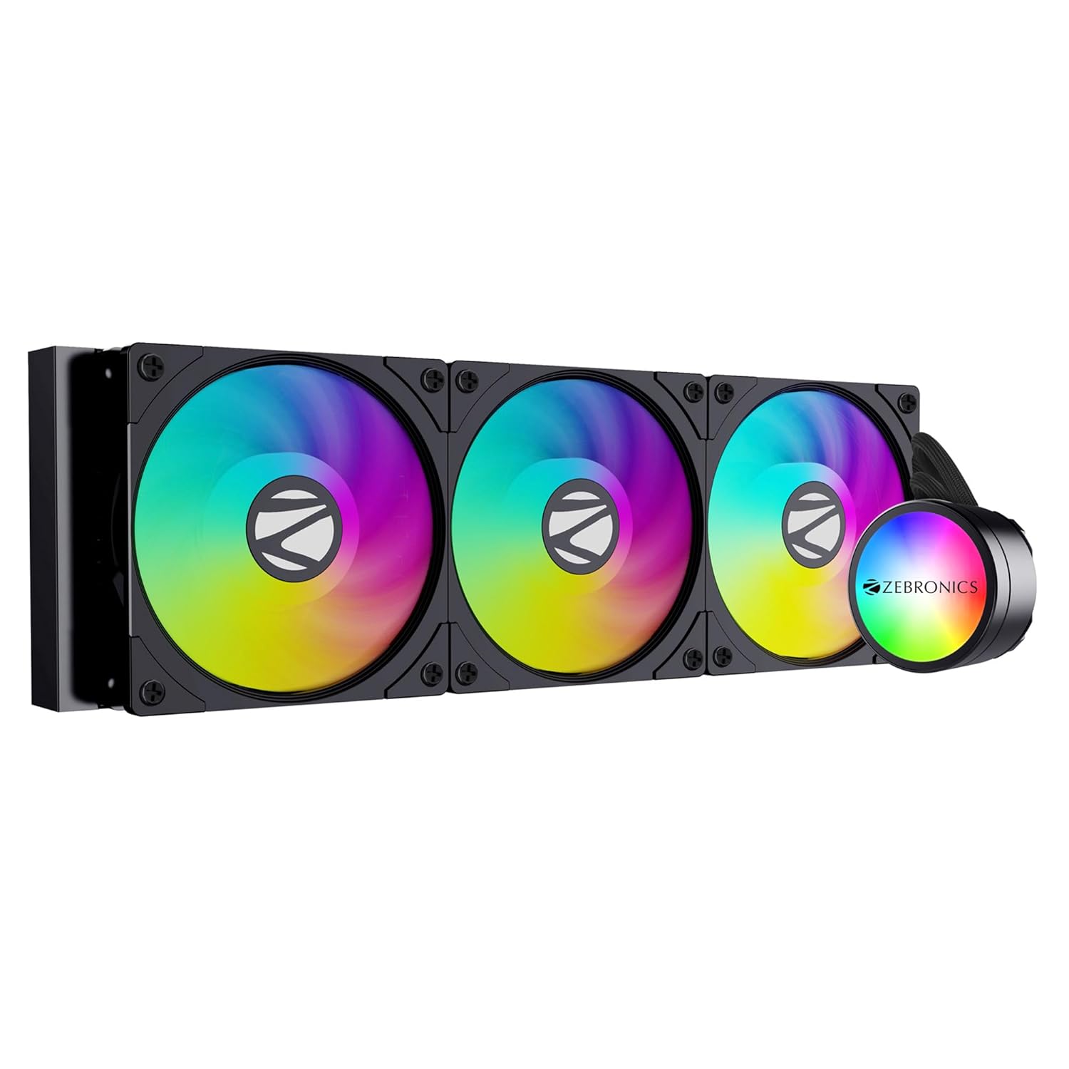 Zebronics AIO360AB - 360mm AIO Liquid Cooler with Support Up To LGA1700 / AM5 sockets/ Anti Leak Design/ ARGB sync/ Braided Tubing/ Fan controller with Remote control (Black)