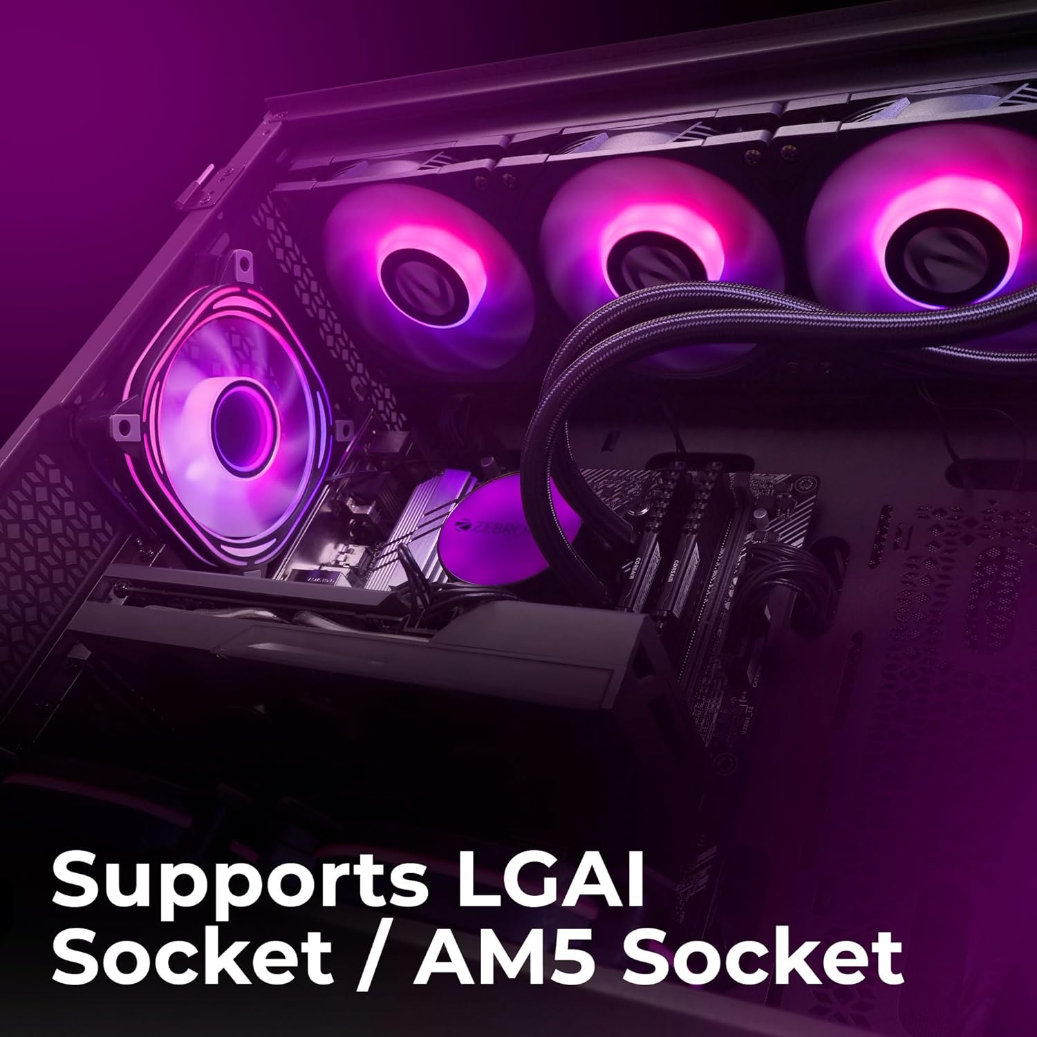 Zebronics AIO360AB - 360mm AIO Liquid Cooler with Support Up To LGA1700 / AM5 sockets/ Anti Leak Design/ ARGB sync/ Braided Tubing/ Fan controller with Remote control (Black) - Image 3