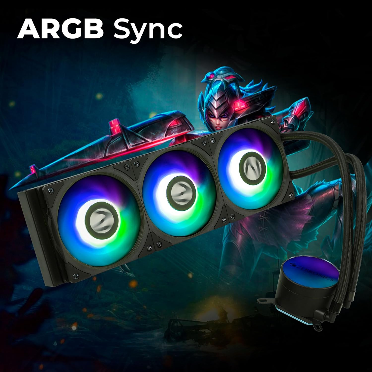 Zebronics AIO360AB - 360mm AIO Liquid Cooler with Support Up To LGA1700 / AM5 sockets/ Anti Leak Design/ ARGB sync/ Braided Tubing/ Fan controller with Remote control (Black) - Image 4