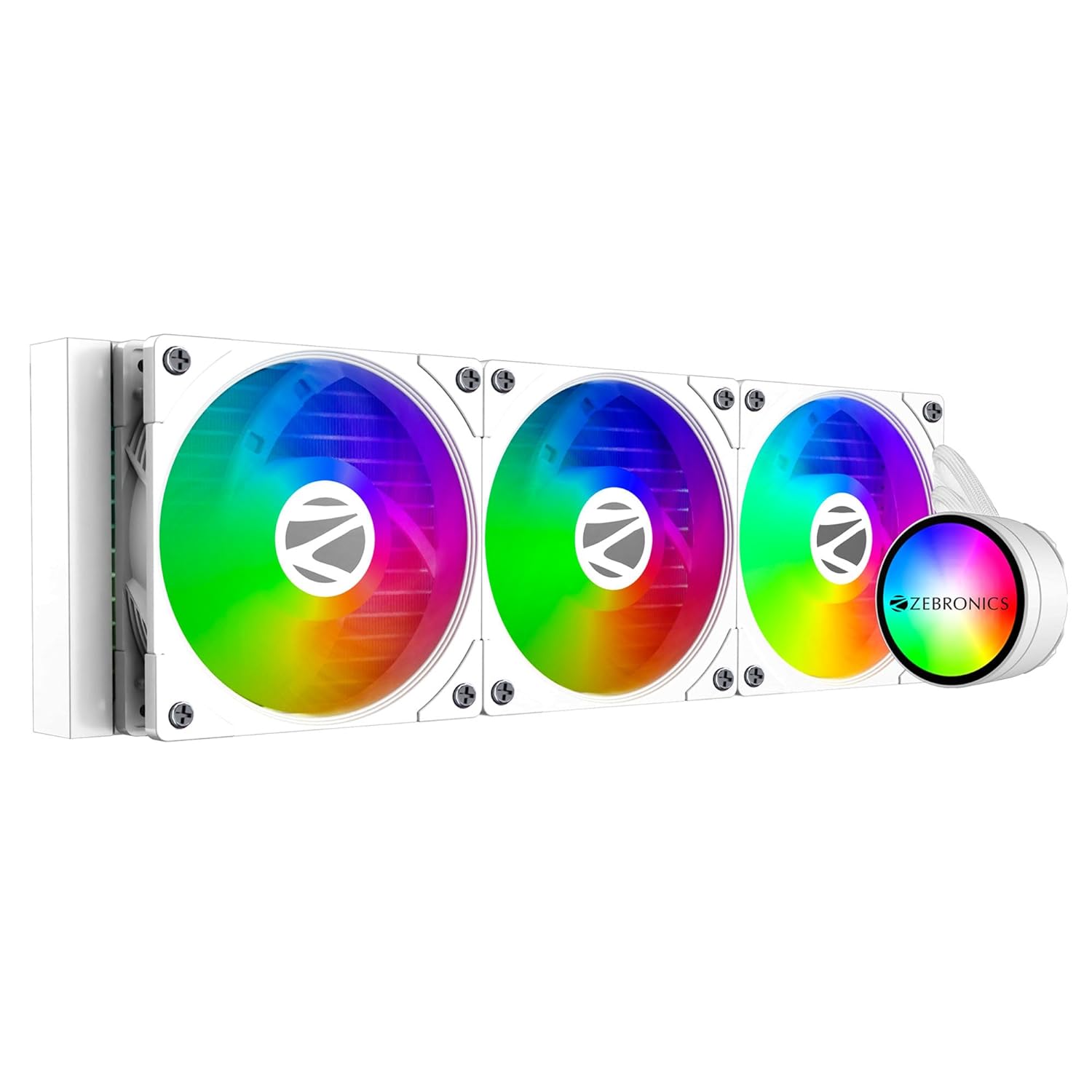 Zebronics AIO360AW - 360mm AIO Liquid Cooler with Support Up To LGA1700 / AM5 sockets/ Anti Leak Design/ ARGB sync/ Braided Tubing/ Fan controller with Remote control (White)