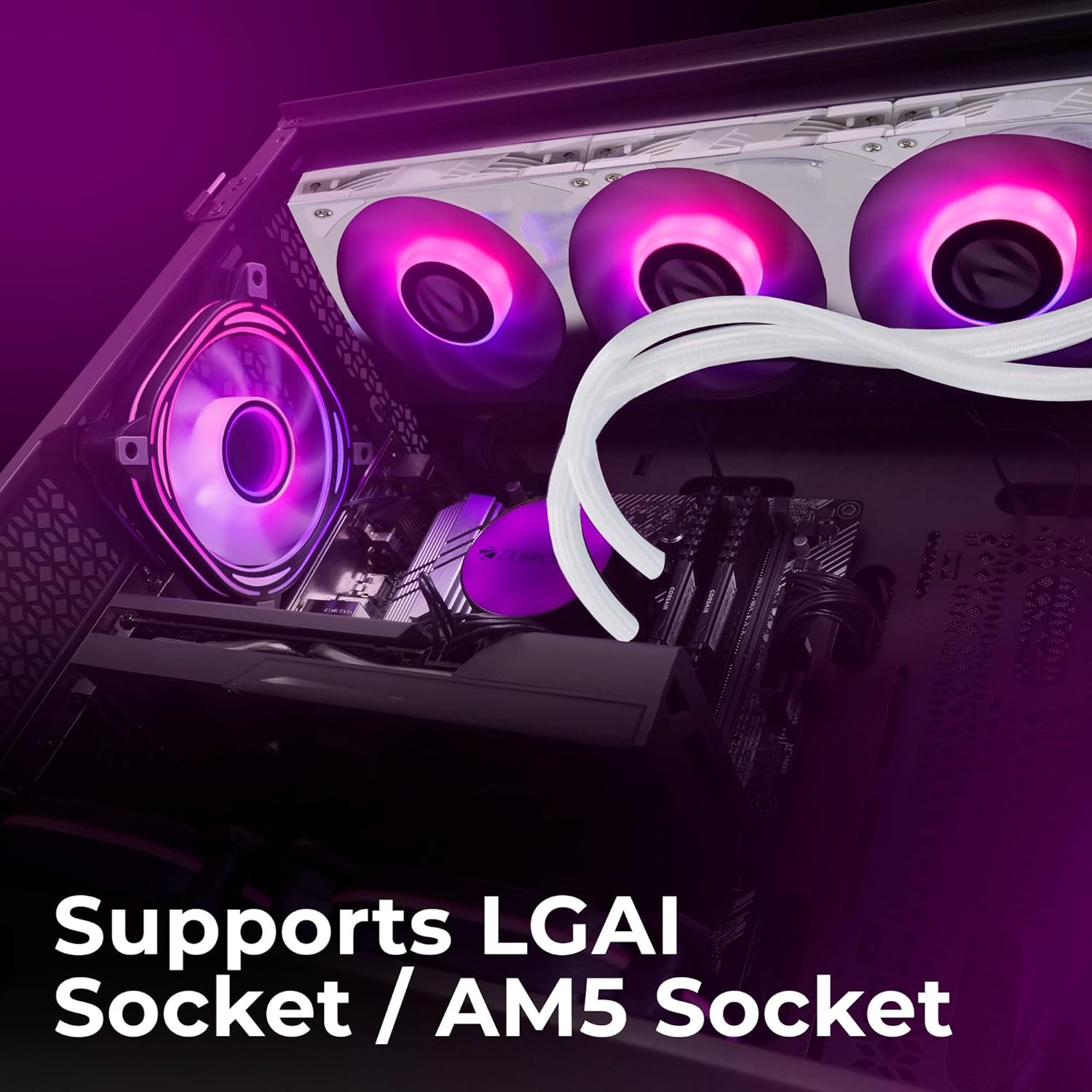 Zebronics AIO360AW - 360mm AIO Liquid Cooler with Support Up To LGA1700 / AM5 sockets/ Anti Leak Design/ ARGB sync/ Braided Tubing/ Fan controller with Remote control (White) - Image 3