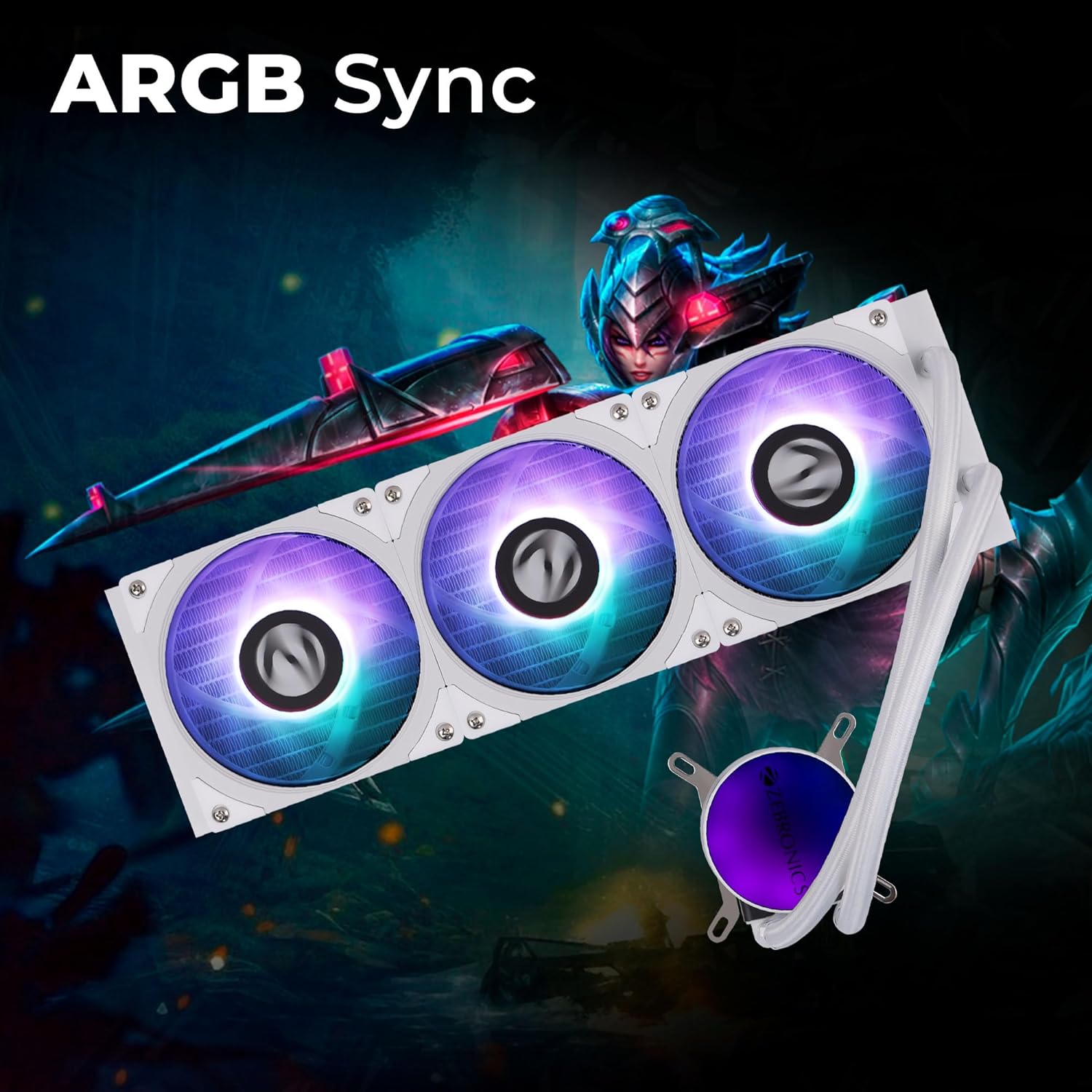 Zebronics AIO360AW - 360mm AIO Liquid Cooler with Support Up To LGA1700 / AM5 sockets/ Anti Leak Design/ ARGB sync/ Braided Tubing/ Fan controller with Remote control (White) - Image 4