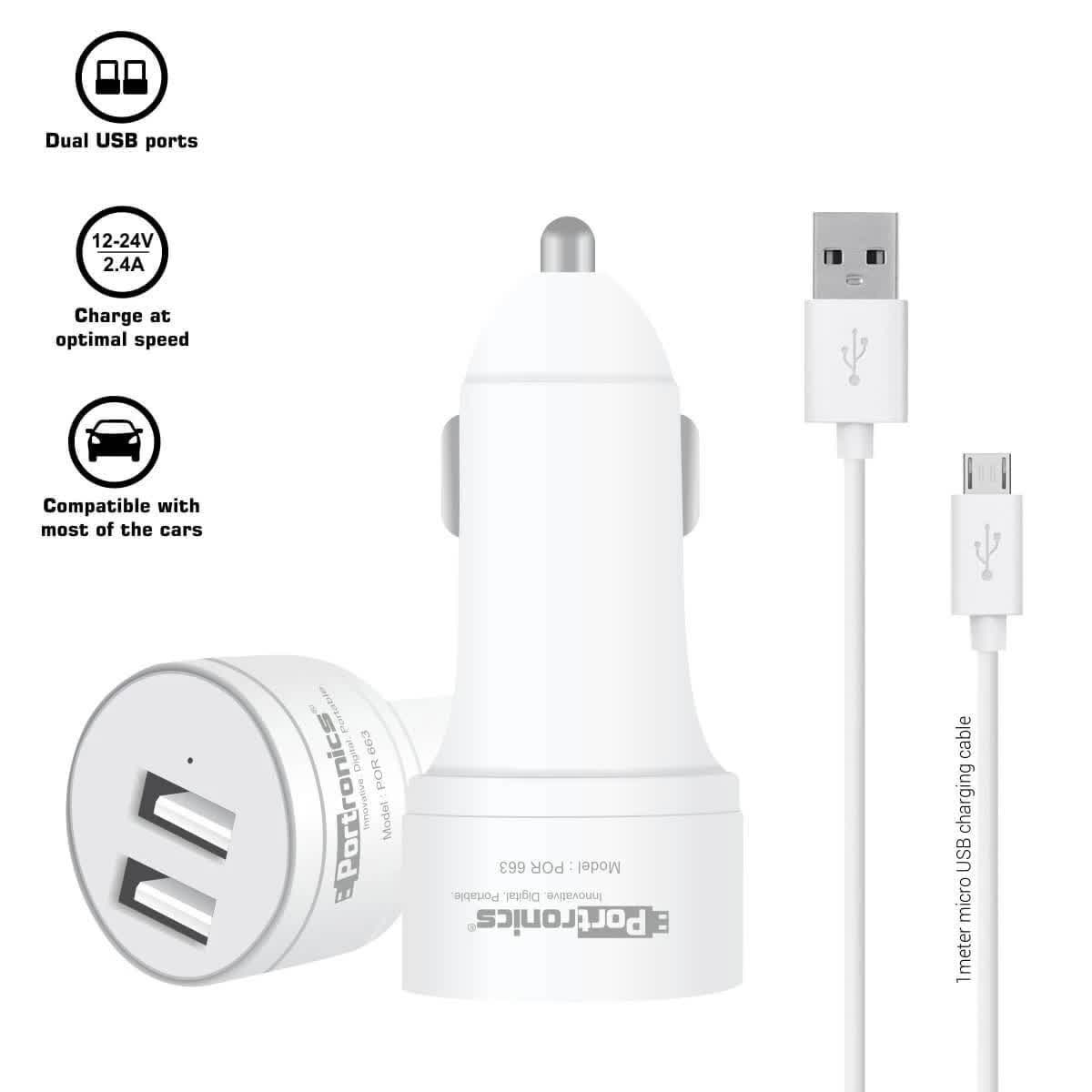 Portronics Car Power 2T 2.4A Car Charger with Dual USB Ports with Micro Cable (POR-663) - Image 2