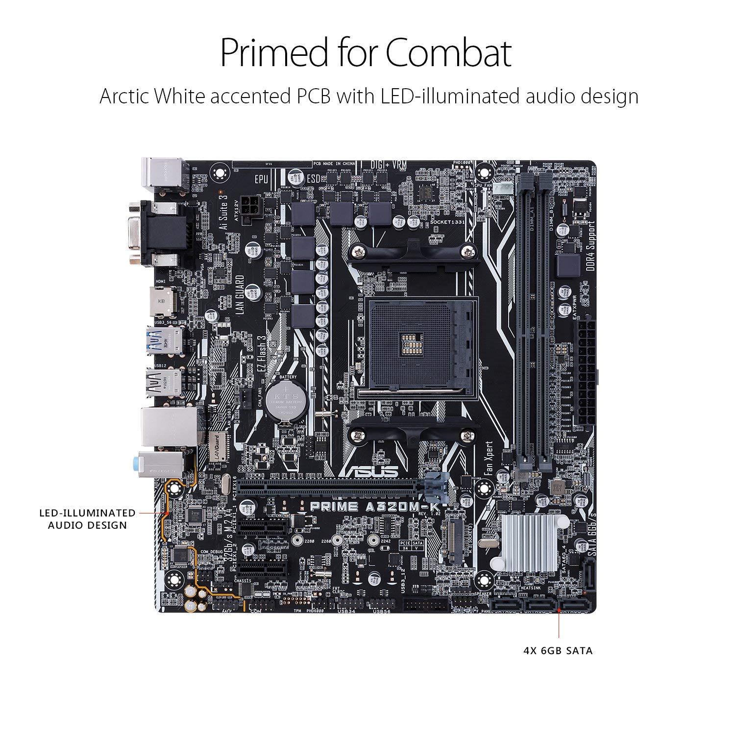 Asus PRIME A320M-K AMD AM4 uATX Motherboard with LED lighting, DDR4 3200MHz, 32Gb/s M.2, HDMI, SATA 6Gb/s, USB 3.0 - Image 2