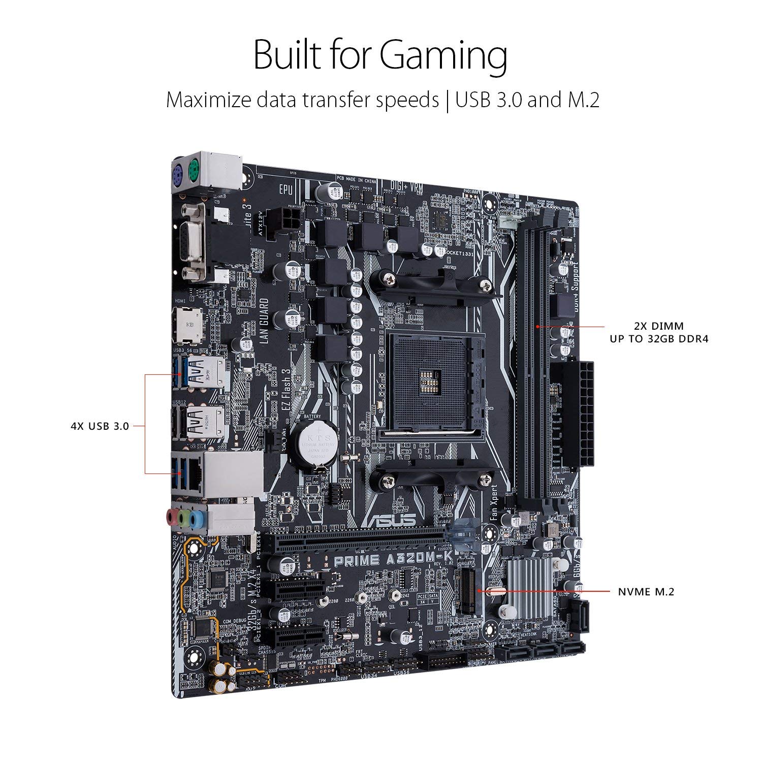 Asus PRIME A320M-K AMD AM4 uATX Motherboard with LED lighting, DDR4 3200MHz, 32Gb/s M.2, HDMI, SATA 6Gb/s, USB 3.0 - Image 3