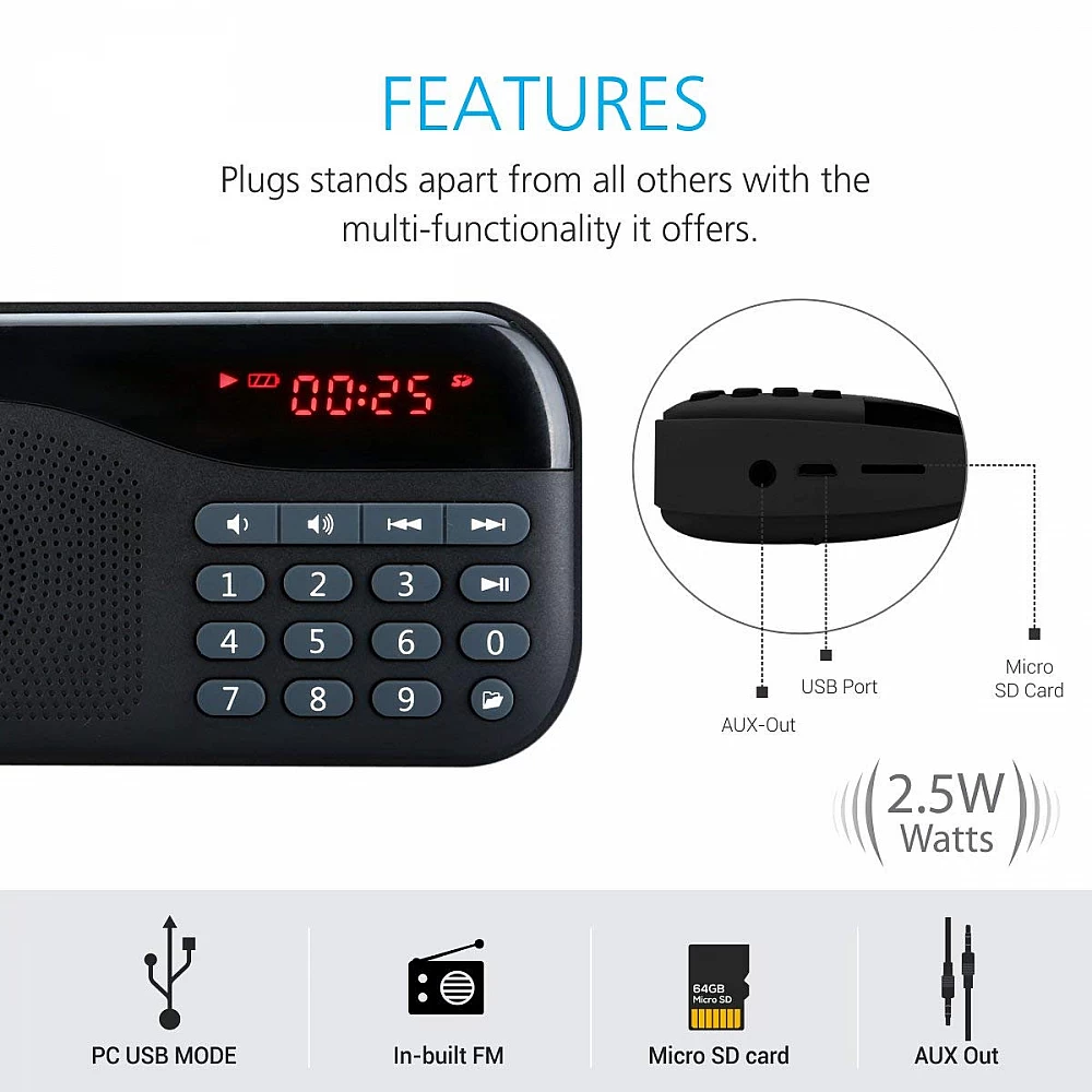 Portronics Plugs Portable Speaker POR-141 (Black) - AUX+FM+MICRO SD+LED DISPLAY - Image 3