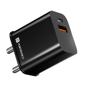 Portronics Adapto 20B 20W PD Charger with Fast Charging, Dual Ports Type C & USB A Ports, Smart Protection Chip, Wide Compatibility - Black
