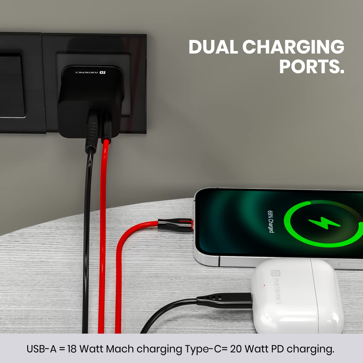 Portronics Adapto 20B 20W PD Charger with Fast Charging, Dual Ports Type C & USB A Ports, Smart Protection Chip, Wide Compatibility - Black - Image 2