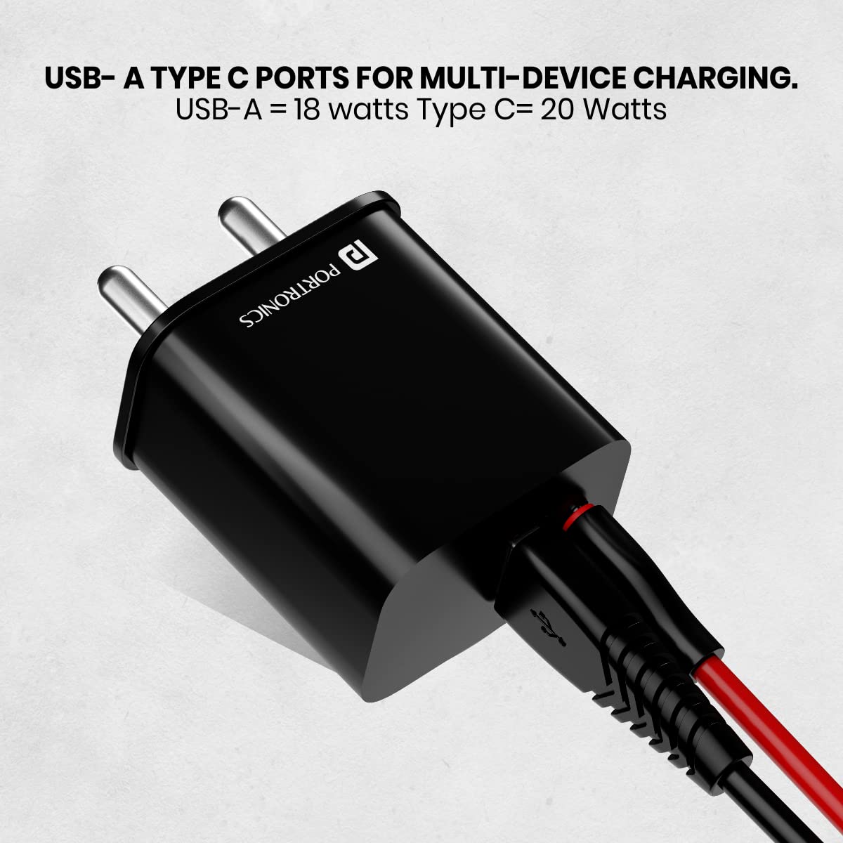 Portronics Adapto 20B 20W PD Charger with Fast Charging, Dual Ports Type C & USB A Ports, Smart Protection Chip, Wide Compatibility - Black - Image 3