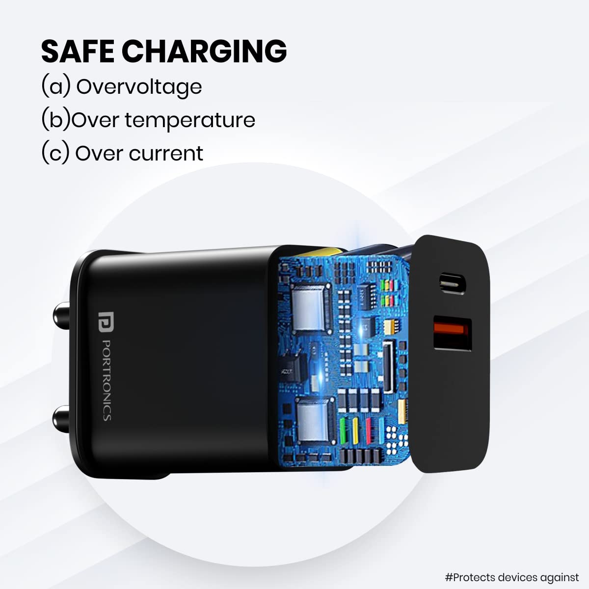 Portronics Adapto 20B 20W PD Charger with Fast Charging, Dual Ports Type C & USB A Ports, Smart Protection Chip, Wide Compatibility - Black - Image 4