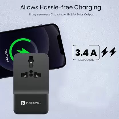 Portronics Adapto III Dual USB Adapter with 1 AC Power Socket 3.4Amp Total Output for Smartphones (POR-1362) - Image 3