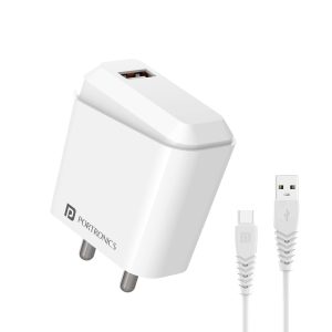 Portronics Adapto 41 C 2.4A Charger with Single USB Port/ 12W Max Output/ Smart Protection Chip/ 1M Charging Cable for Smartphones (White)