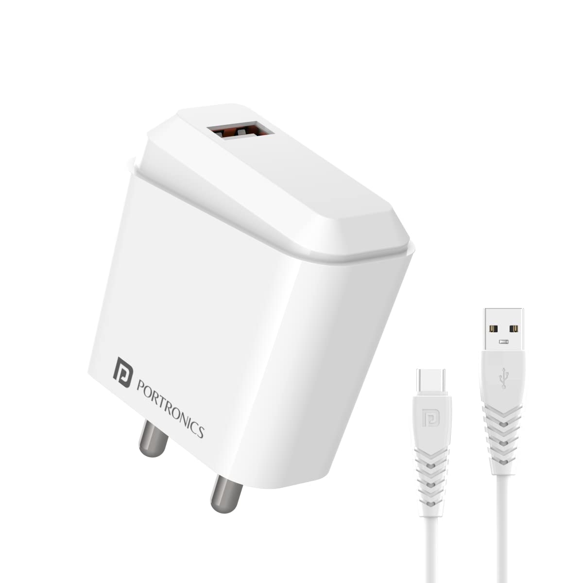 Portronics Adapto 41 C 2.4A Charger with Single USB Port/ 12W Max Output/ Smart Protection Chip/ 1M Charging Cable for Smartphones (White)
