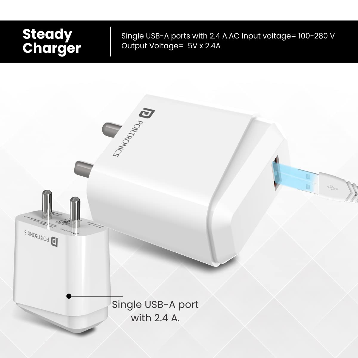 Portronics Adapto 41 C 2.4A Charger with Single USB Port/ 12W Max Output/ Smart Protection Chip/ 1M Charging Cable for Smartphones (White) - Image 3