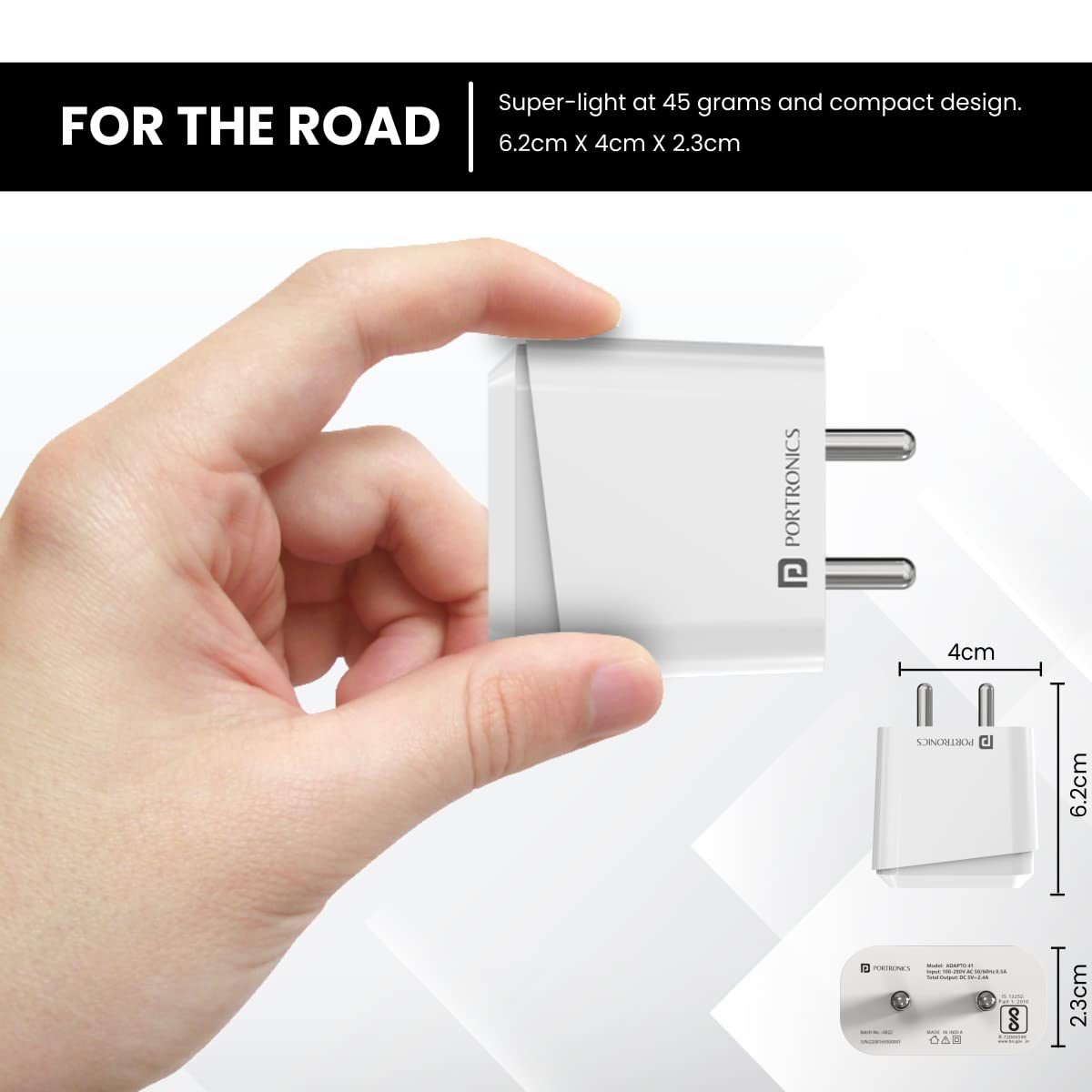 Portronics Adapto 41 C 2.4A Charger with Single USB Port/ 12W Max Output/ Smart Protection Chip/ 1M Charging Cable for Smartphones (White) - Image 4