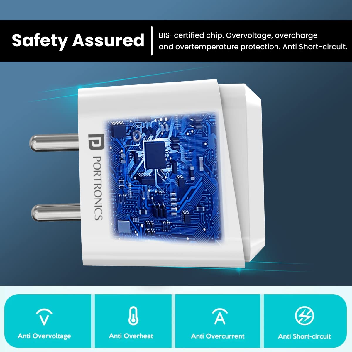 Portronics Adapto 41 C 2.4A Charger with Single USB Port/ 12W Max Output/ Smart Protection Chip/ 1M Charging Cable for Smartphones (White) - Image 5