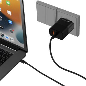 Portronics Adapto 65 Pro 65 W SuperVooc/Dash/Warp Adapter, Dual Ports Outputs GaN Fast Wall Charger Comes with 100 W Unbreakable Nylon Braided Type C to Type C Fast Charging Cable - Black