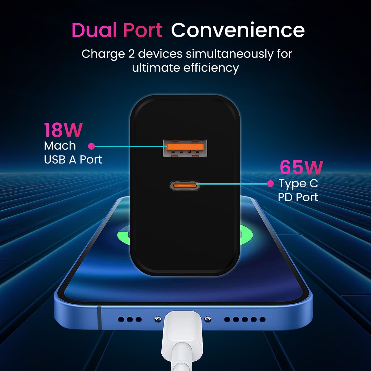 Portronics Adapto 65 Pro 65 W SuperVooc/Dash/Warp Adapter, Dual Ports Outputs GaN Fast Wall Charger Comes with 100 W Unbreakable Nylon Braided Type C to Type C Fast Charging Cable - Black - Image 3
