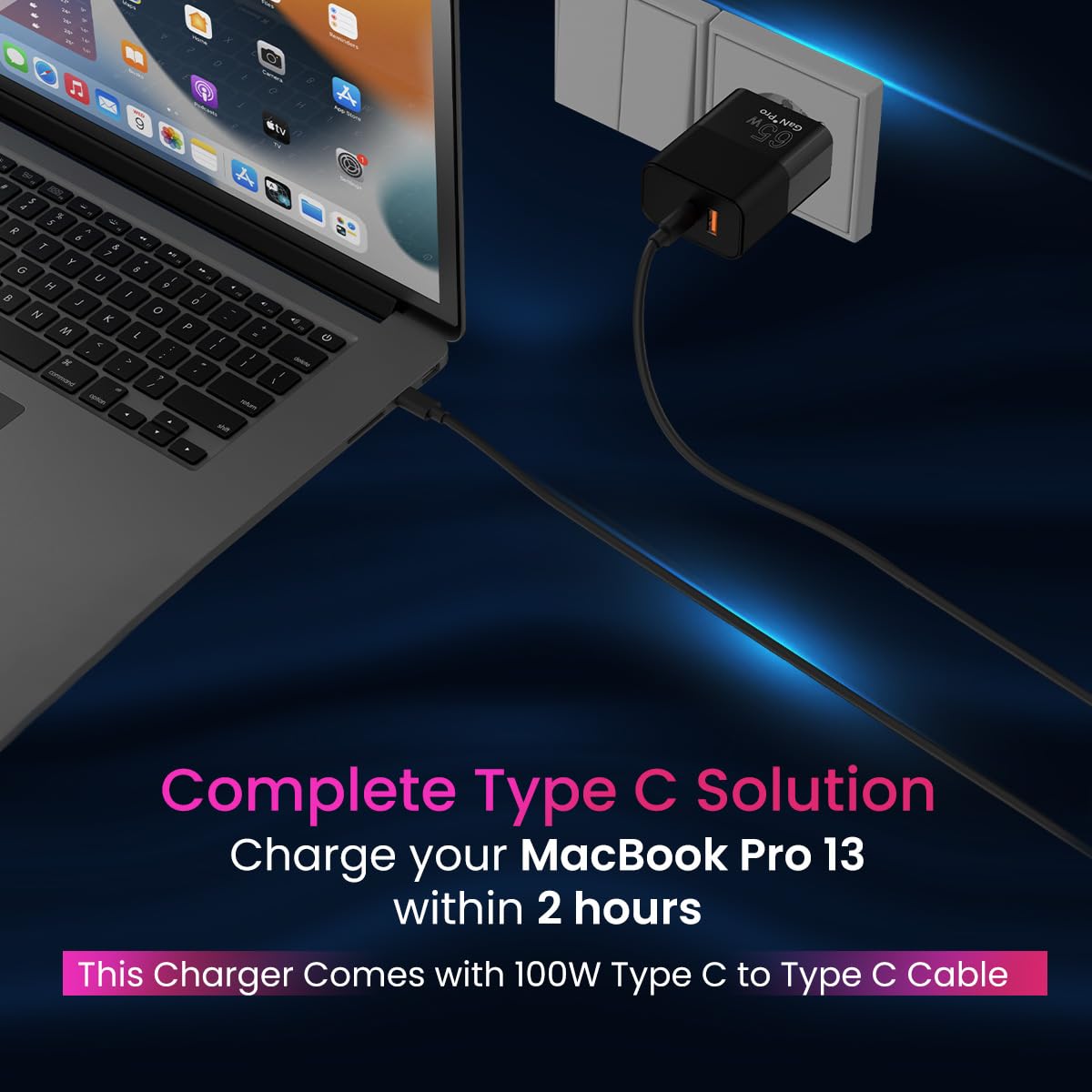 Portronics Adapto 65 Pro 65 W SuperVooc/Dash/Warp Adapter, Dual Ports Outputs GaN Fast Wall Charger Comes with 100 W Unbreakable Nylon Braided Type C to Type C Fast Charging Cable - Black - Image 4