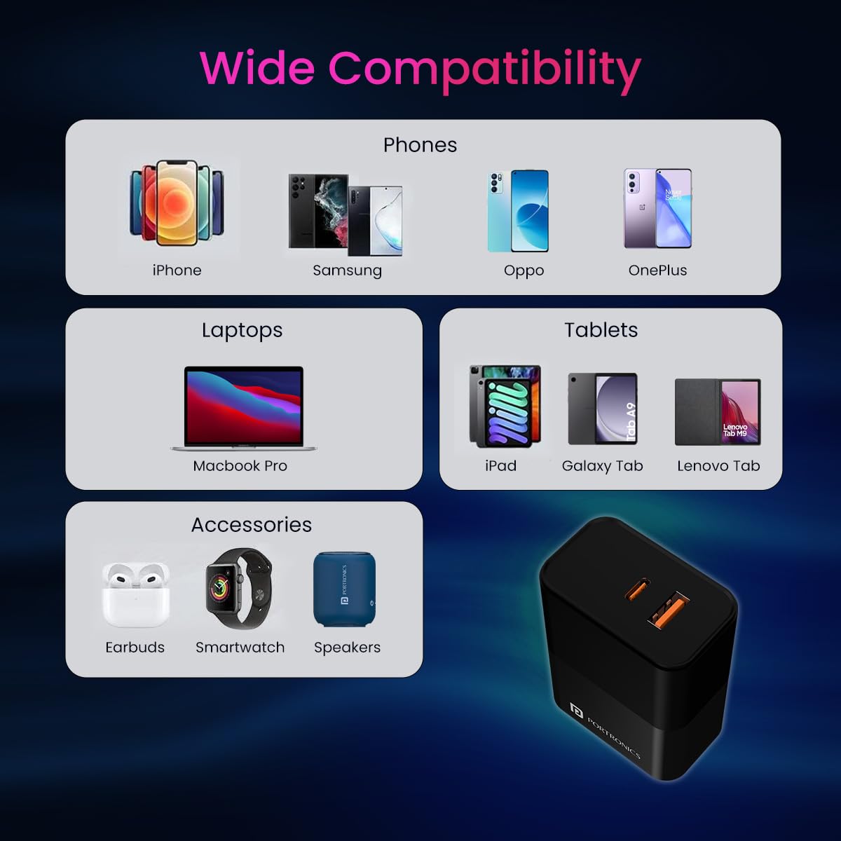 Portronics Adapto 65 Pro 65 W SuperVooc/Dash/Warp Adapter, Dual Ports Outputs GaN Fast Wall Charger Comes with 100 W Unbreakable Nylon Braided Type C to Type C Fast Charging Cable - Black - Image 5