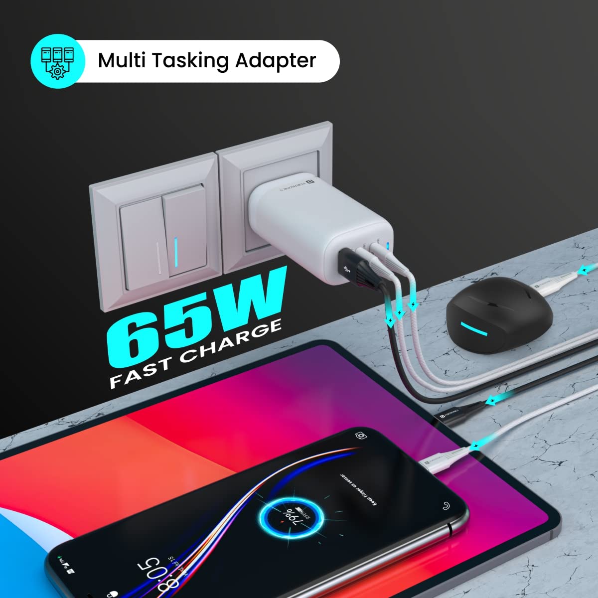 Portronics Adapto 65X Adapter/ Charger 65W for Laptop/ Mobile with Triple Output (POR-1250) - Image 4