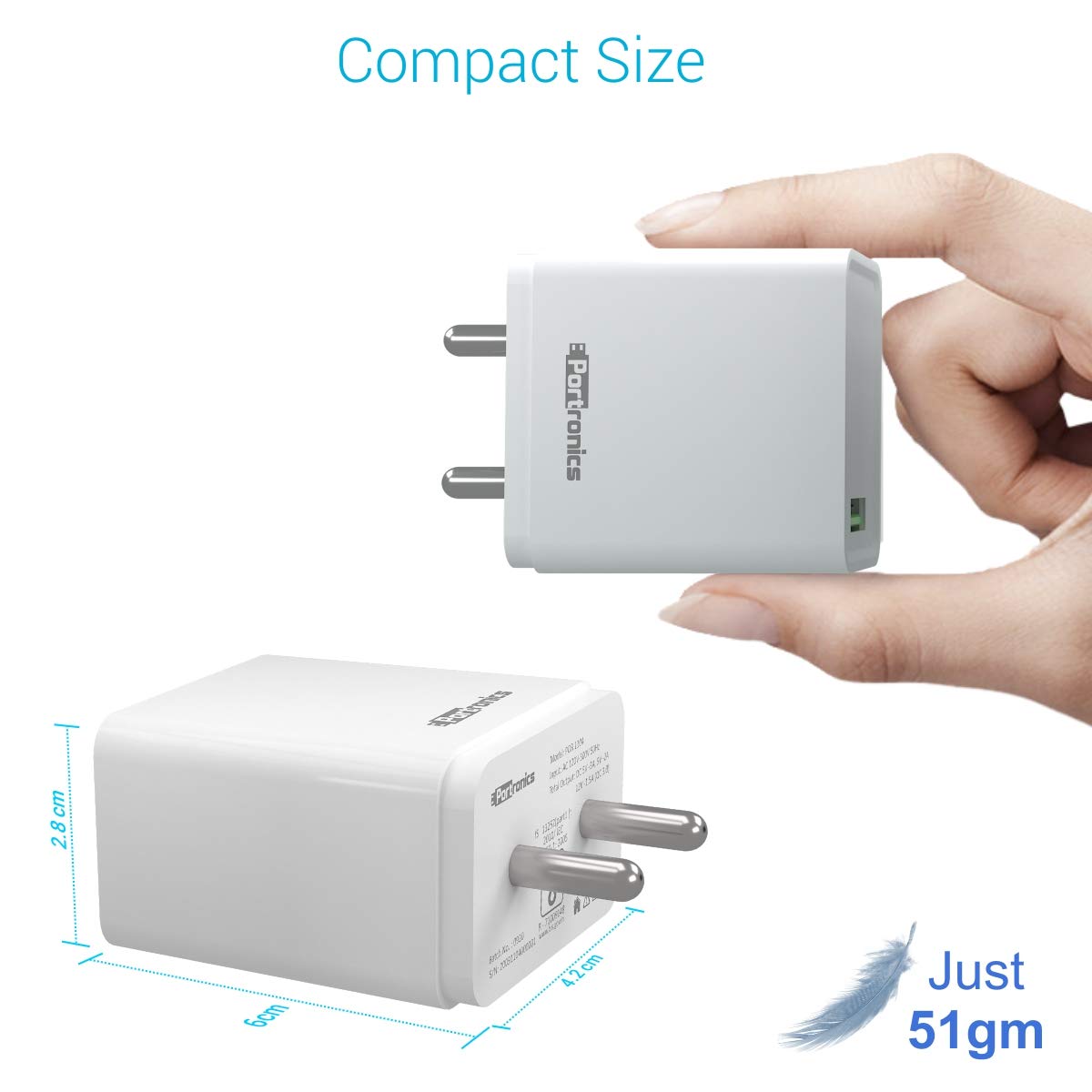 Portronics Adapto One 3A Quick Charger with Type C Cable, Single USB Port - White (POR 1104) - Image 5