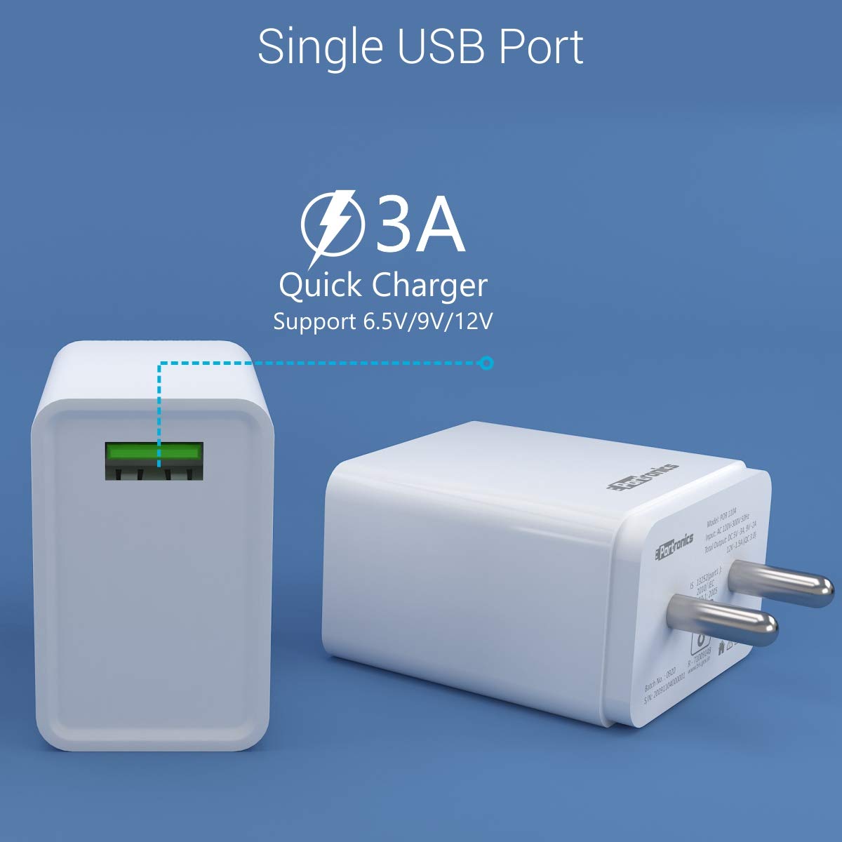 Portronics Adapto One 3A Quick Charger with Type C Cable, Single USB Port - White (POR 1104) - Image 4