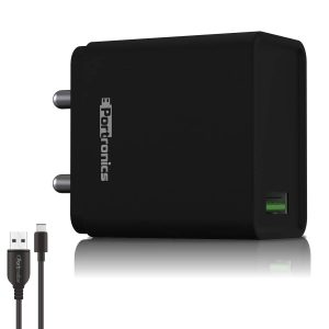Portronics Adapto One/18W 3A Mach USB Charging Adaptor, Comes with 1M Type-C Cable Single Port Wall Charger for Iphone11, Xs, Xs Max, Xr, X, 8, 7, 6 Plus, Ipad Pro, Air2, Mini3, Mini 4, Samsung S4, S5 - Black