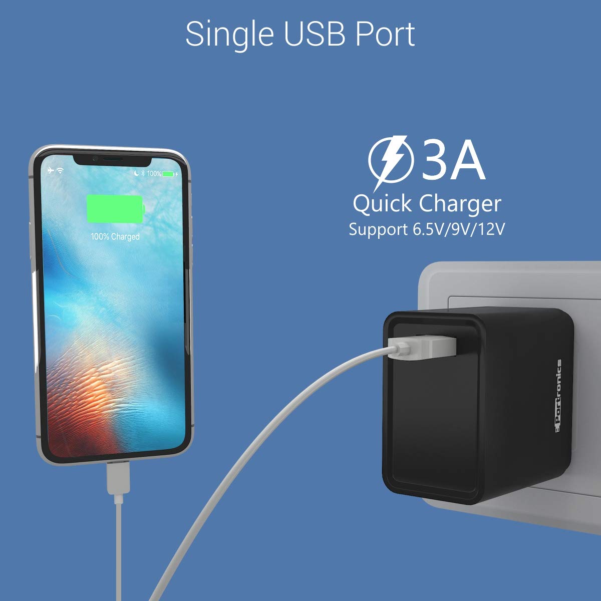Portronics Adapto One/18W 3A Mach USB Charging Adaptor, Comes with 1M Type-C Cable Single Port Wall Charger for Iphone11, Xs, Xs Max, Xr, X, 8, 7, 6 Plus, Ipad Pro, Air2, Mini3, Mini 4, Samsung S4, S5 - Black - Image 5