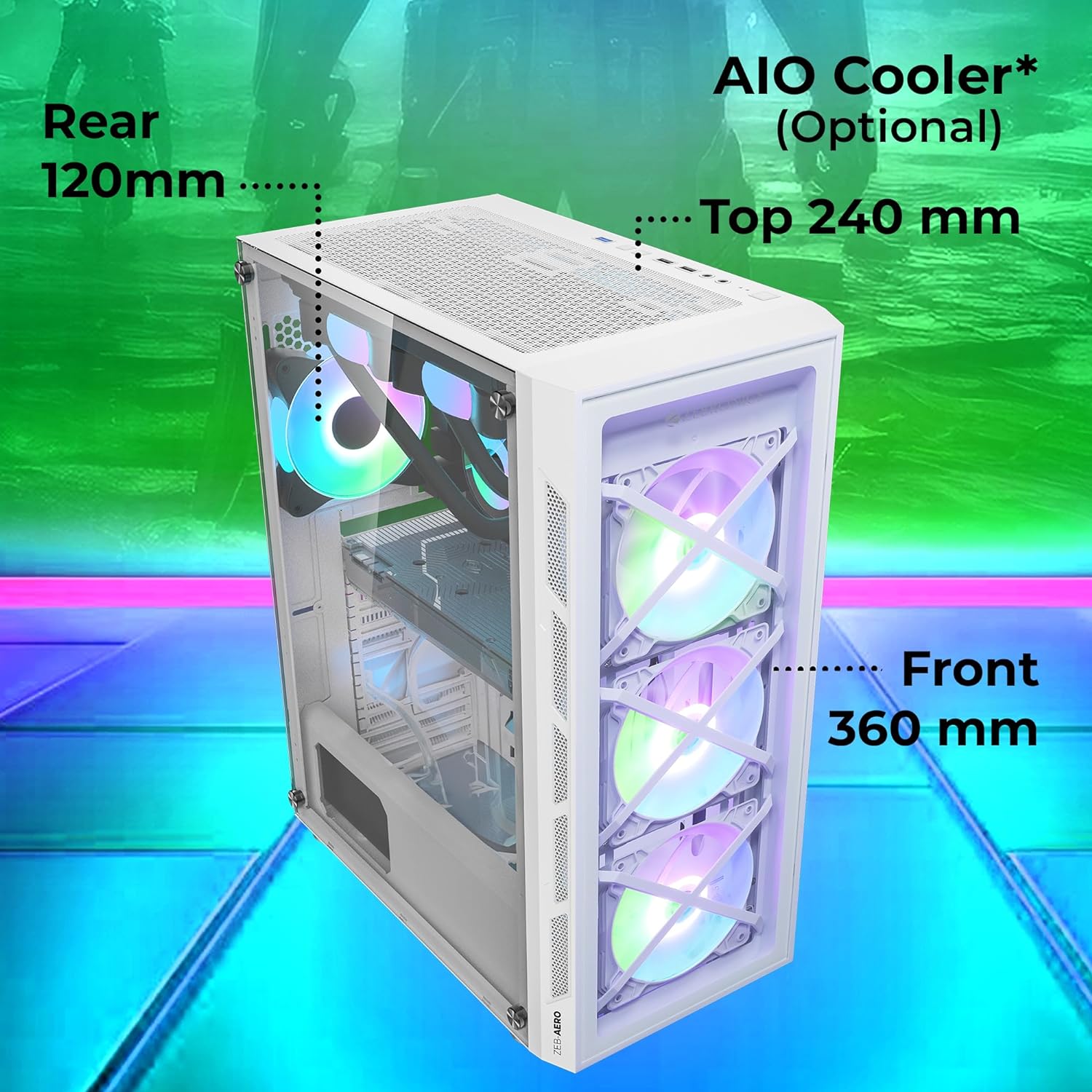 Zebronics AERO Gaming Cabinet with 3 x 120mm Front ARGB LED Fans, Rear hinged side Glass panel and 4 x120mm ARGB LED Fans, Front and Side Tempered glass (White) - Image 2