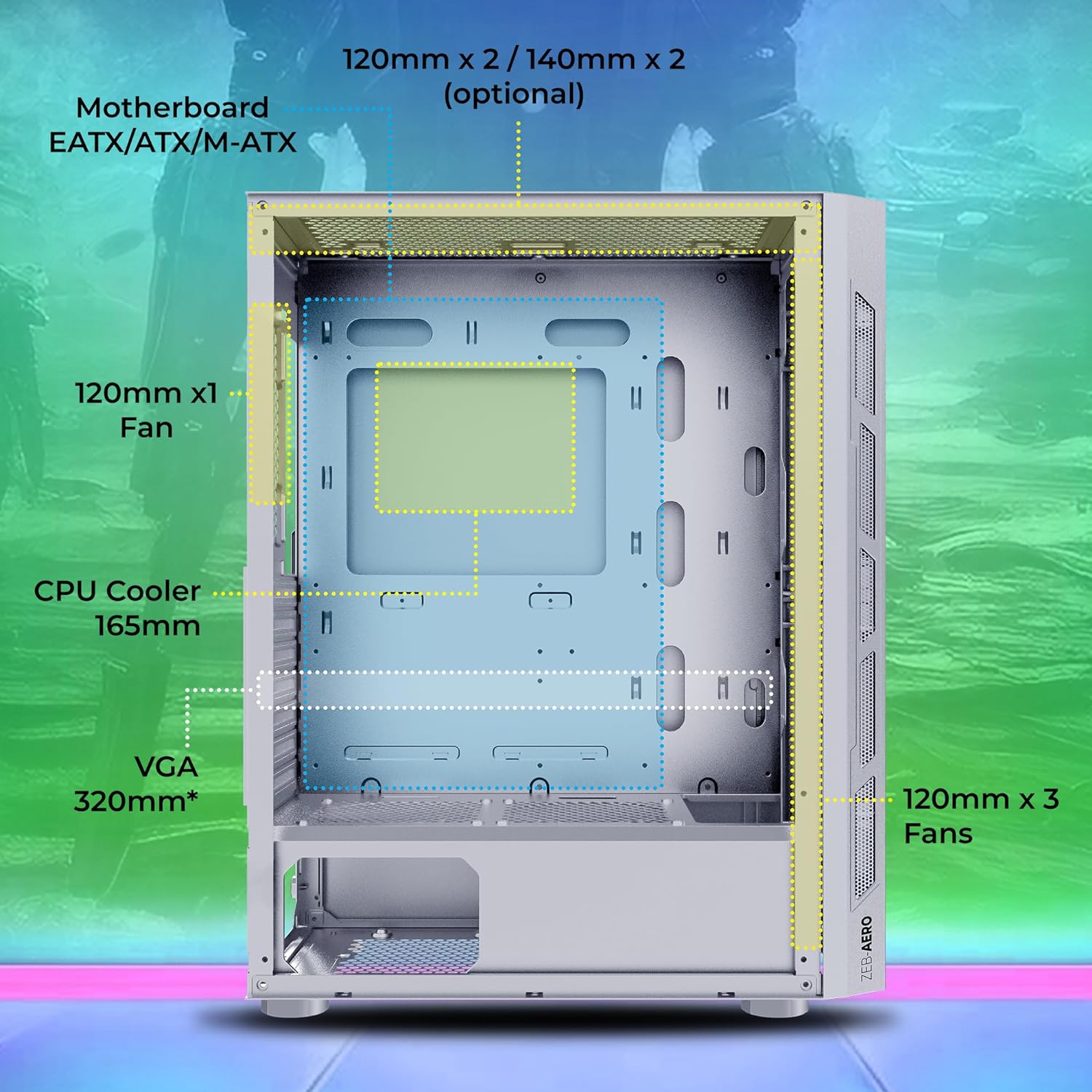 Zebronics AERO Gaming Cabinet with 3 x 120mm Front ARGB LED Fans, Rear hinged side Glass panel and 4 x120mm ARGB LED Fans, Front and Side Tempered glass (White) - Image 4
