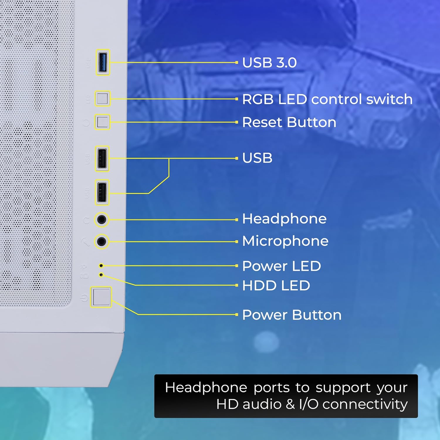 Zebronics AERO Gaming Cabinet with 3 x 120mm Front ARGB LED Fans, Rear hinged side Glass panel and 4 x120mm ARGB LED Fans, Front and Side Tempered glass (White) - Image 5