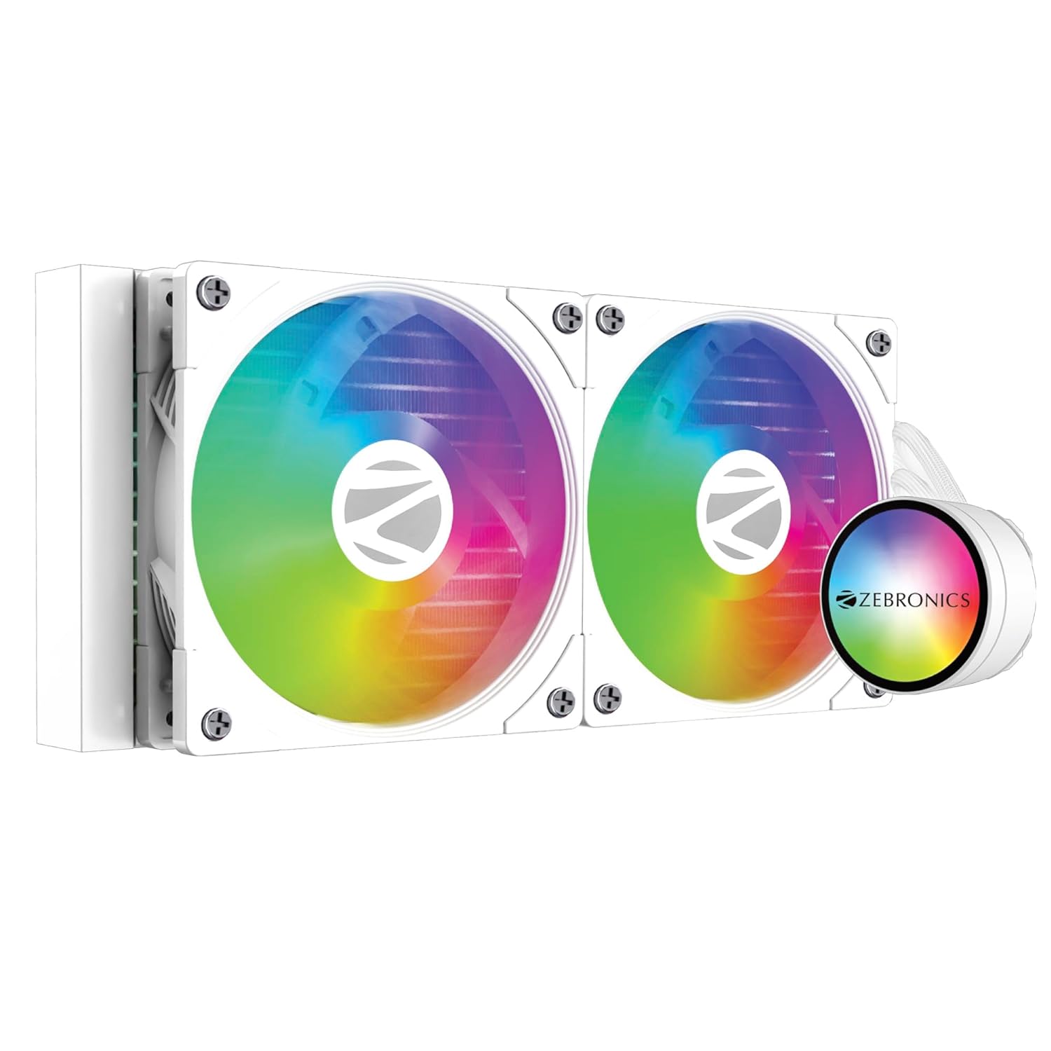 Zebronics AIO240AW - 240mm AIO Liquid Cooler with Support Up To LGA1700/ AM5 sockets/ Anti Leak Design/ ARGB sync/ Braided Tubing/ Fan controller with Remote control (White)