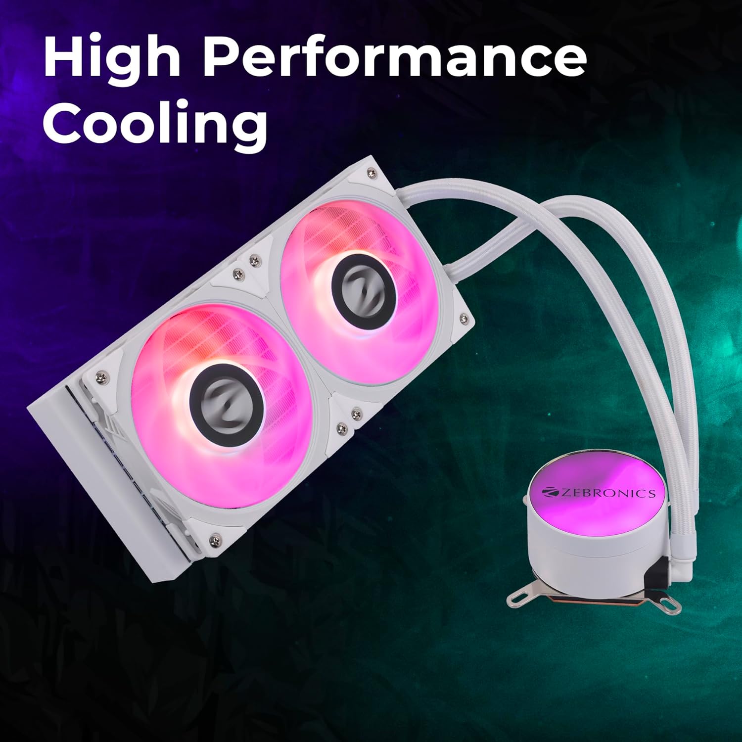 Zebronics AIO240AW - 240mm AIO Liquid Cooler with Support Up To LGA1700/ AM5 sockets/ Anti Leak Design/ ARGB sync/ Braided Tubing/ Fan controller with Remote control (White) - Image 2