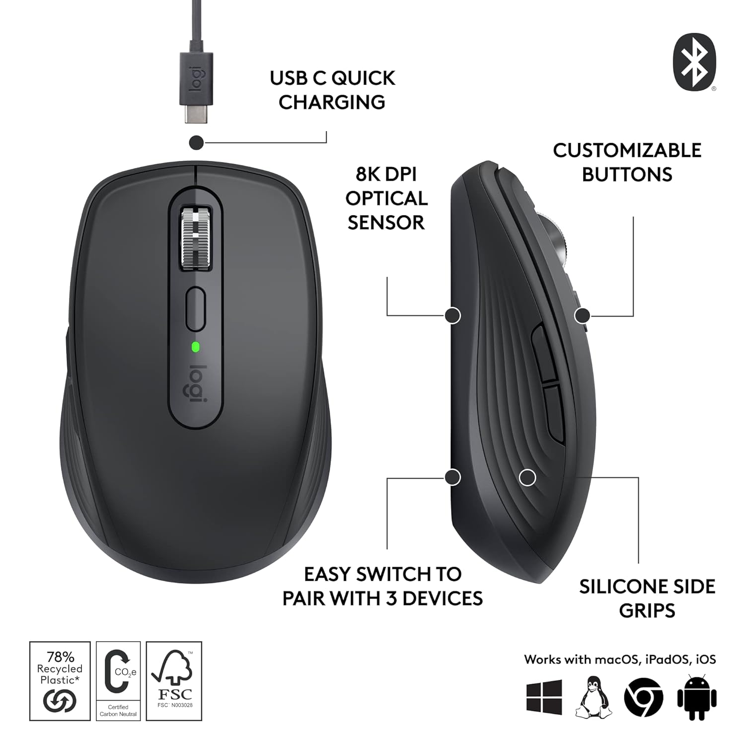 Logitech MX Anywhere 3S Compact Wireless Mouse (Fast Scrolling, 8K DPI Any-Surface Tracking, Quiet Clicks, Programmable Buttons, USB C, Bluetooth, Windows PC, Linux, Chrome, Mac) - Graphite - Image 5