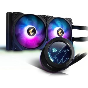 AORUS WATERFORCE X 280 AIO Liquid CPU Cooler, Rotatable Circular LCD Display with Micro SD Support, 280mm Radiator with 2x140mm Low Noise ARGB Fans, Compatible with Intel LGA1700