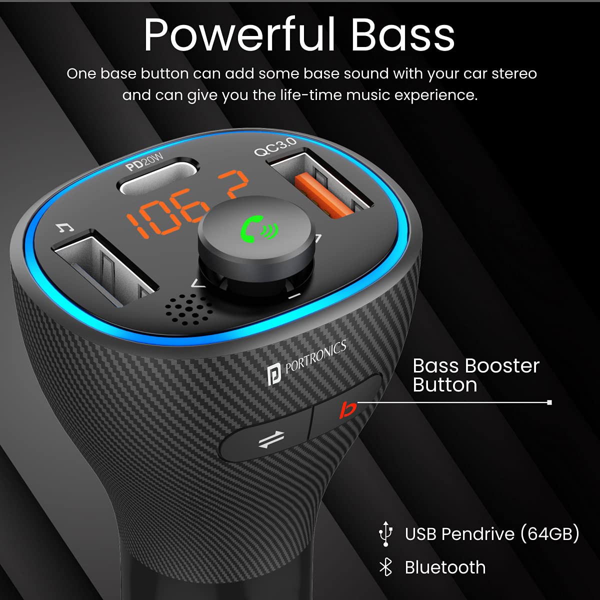 Portronics Auto 15 Bluetooth FM Transmitter in-Car Radio Adapter/ for Hands-Free Calling/ Music Streaming/ USB Reading (PD 20W+QC3.0) Fast Charger/ Supports All Smartphones (Black) - Image 3