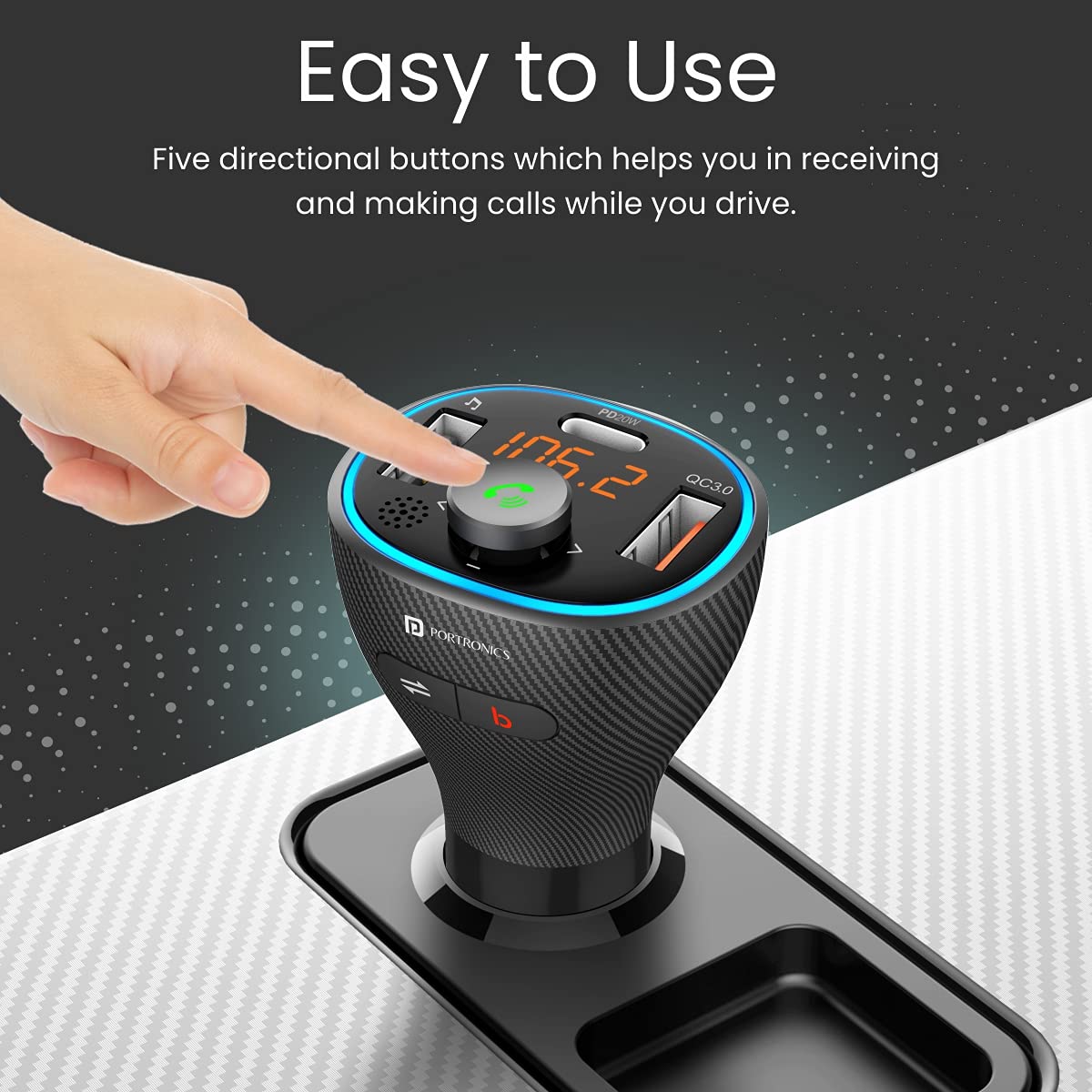 Portronics Auto 15 Bluetooth FM Transmitter in-Car Radio Adapter/ for Hands-Free Calling/ Music Streaming/ USB Reading (PD 20W+QC3.0) Fast Charger/ Supports All Smartphones (Black) - Image 5