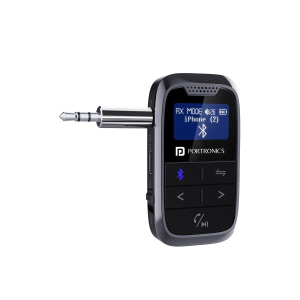 Portronics Auto 18 Car Bluetooth Transmitter/ Receiver with Display/ Handsfree Calling/ Aux in/ Out/ HD Sound Quality/ for Car/ TV/ PC/ Speaker - Black