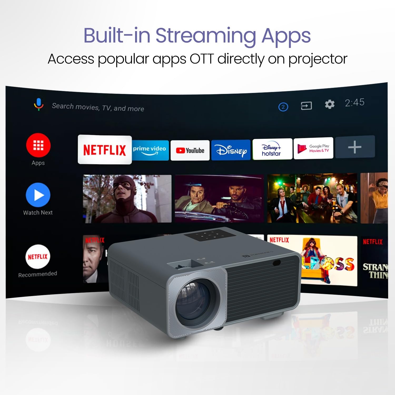 Portronics Beem 450 Smart LED Projector with 1080p Full HD Resolution, Built-in Streaming Apps Like Netflix, Prime Video, Hotstar, 4000 Lumens, Screen Mirroring, 5 Watt Speaker - Grey - Image 2