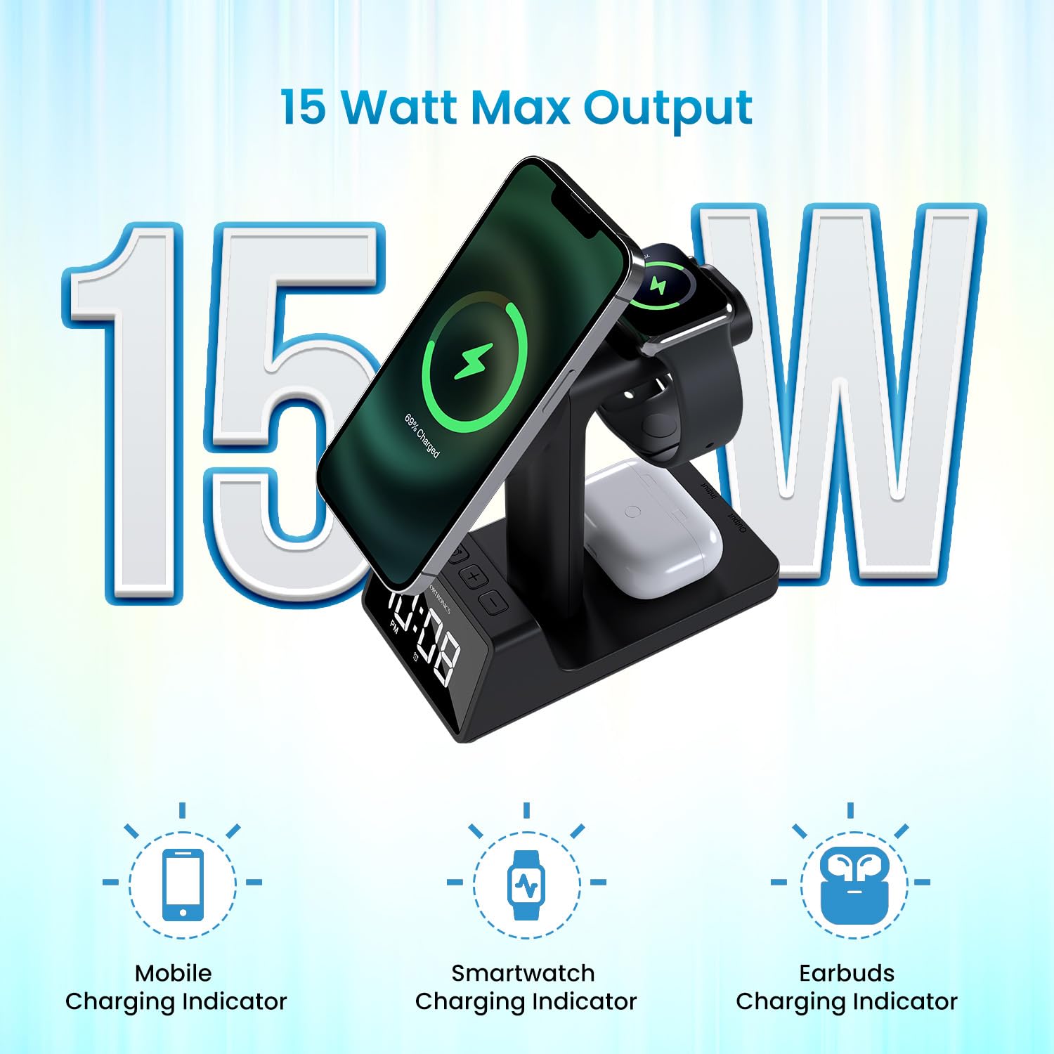 Portronics Bella 2 3 in 1 15W Magnetic Wireless Charging Station with Digital Alarm Clock/ Compatible with iPhone 15/15 Plus/15 Pro/15 Pro Max/ iPhone 11/12/13/14 Series/ iWatches and AirPods - Image 2