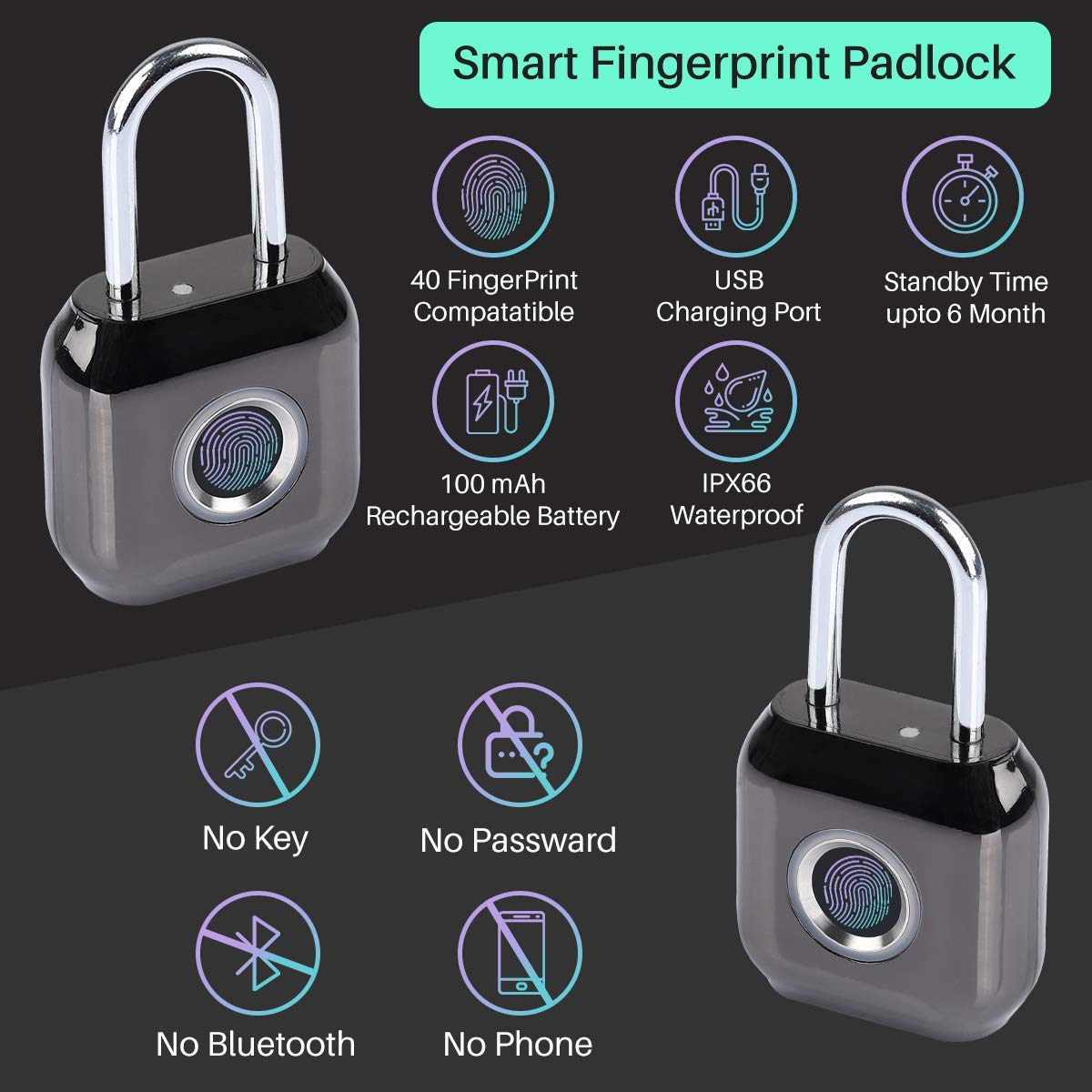 Portronics Biolock Biometric Fingerprint Lock - Smart, Strong & Safe Padlock (POR-983) - Image 5