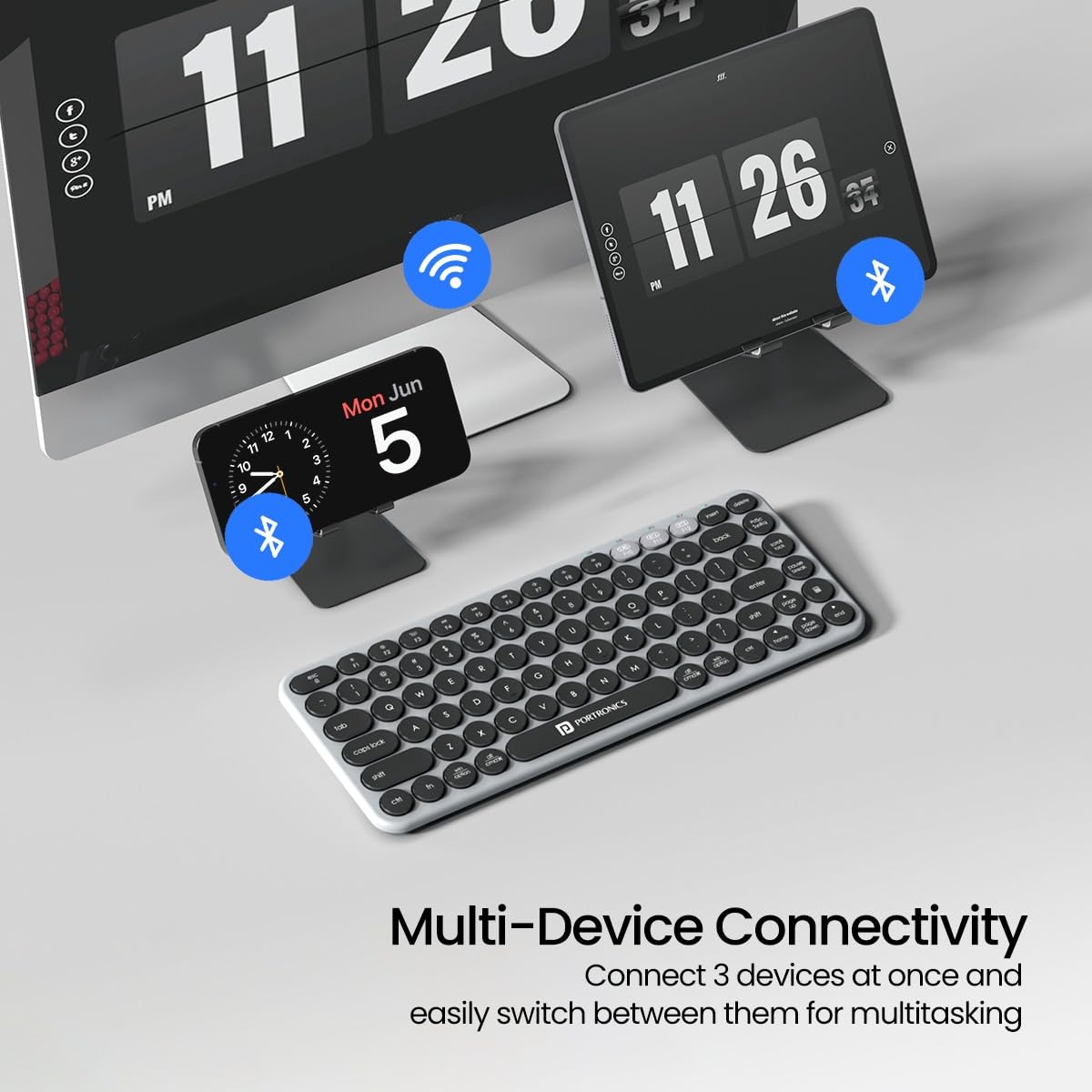 Portronics Bubble 2.0 Wireless Keyboard with Bluetooth + 2.4 GHz Receiver/ Connect 3 Devices/ Compact TKL Size/ 10m Working Range/ Function Shortcut Keys/ for Laptop, PC, Tablet (Grey) - Image 3