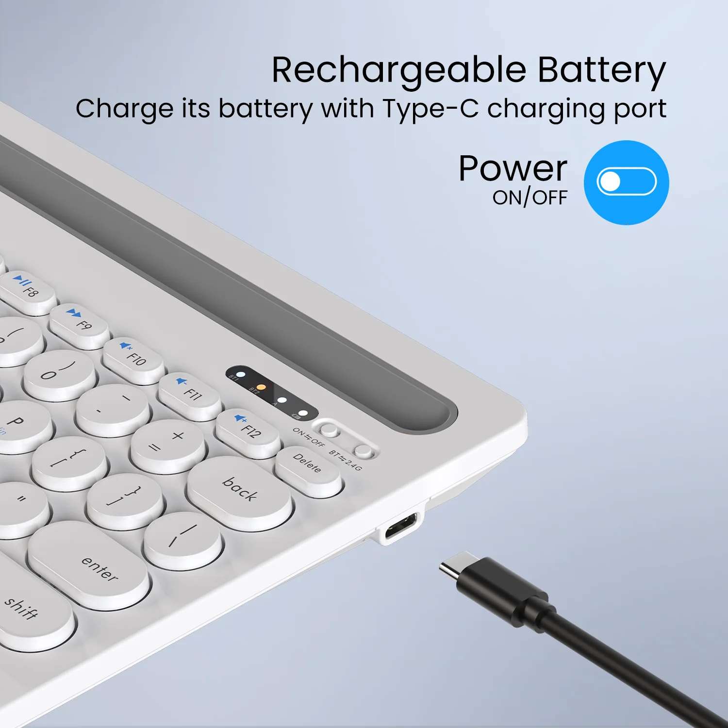 Portronics Bubble Dock with Tablet/Smartphone holder 12 inch wide & On/Off switch, Compact Tenkeyless Bluetooth, Wireless Multi-device Keyboard - White - Image 5