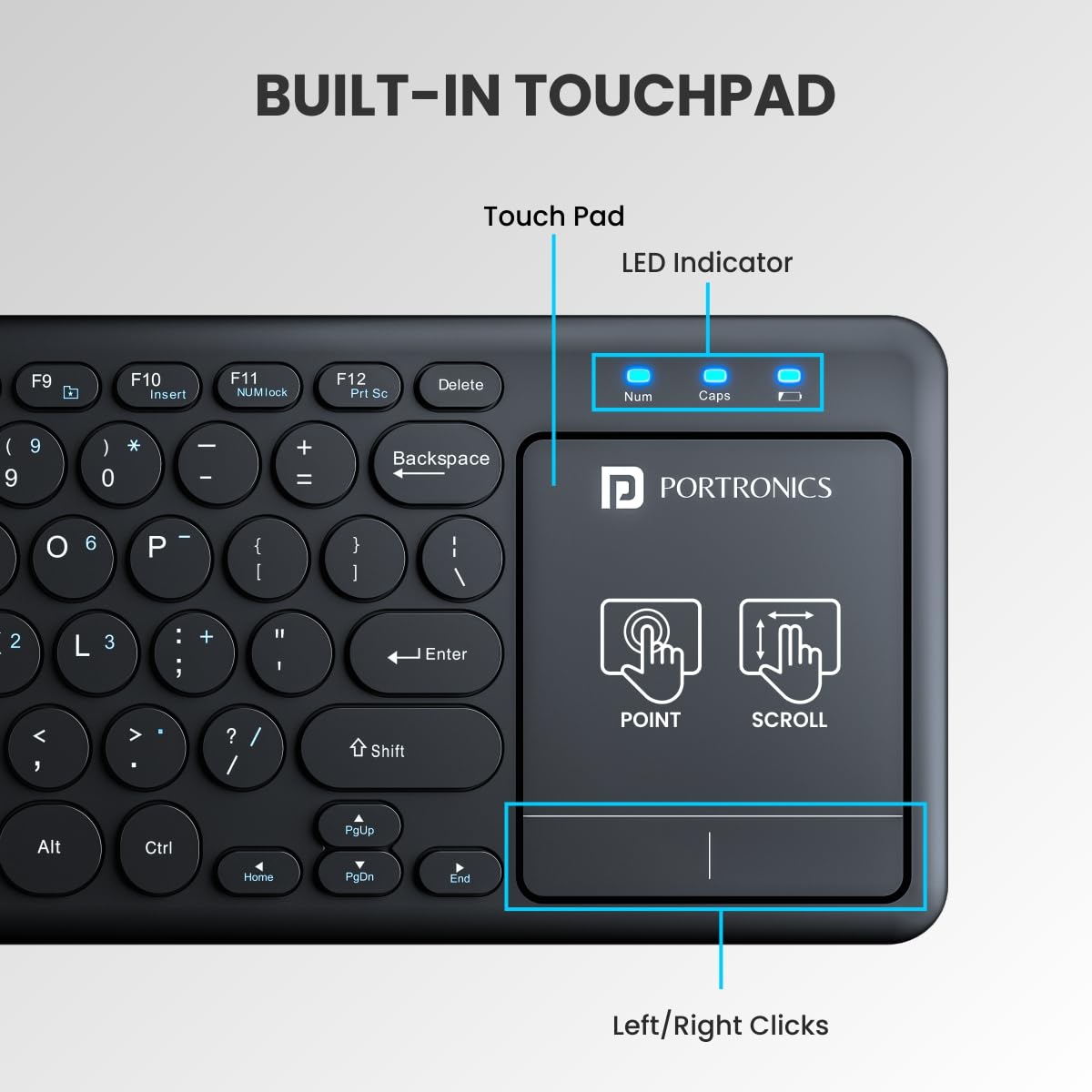 Portronics Bubble Pro Wireless Keyboard with Touchpad, Bluetooth and 2.4 GHz Dual Connectivity, Noiseless Keys, Connect Upto 2 Devices, Spill-Resistant Design - Black (POR-1841) - Image 3