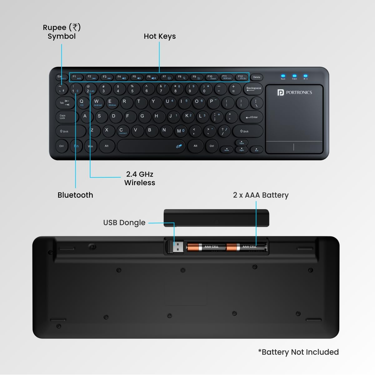 Portronics Bubble Pro Wireless Keyboard with Touchpad, Bluetooth and 2.4 GHz Dual Connectivity, Noiseless Keys, Connect Upto 2 Devices, Spill-Resistant Design - Black (POR-1841) - Image 5