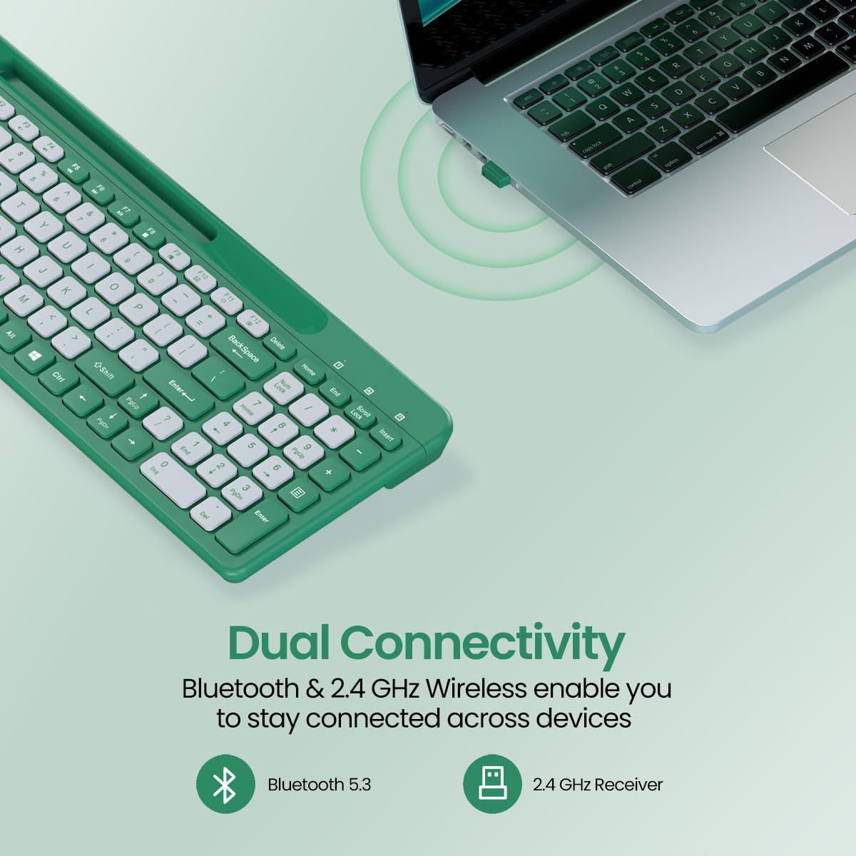 Portronics Bubble Square Wireless Keyboard with Bluetooth + 2.4 GHz USB Receiver, Dual Connectivity, Pair 3 Devices Max, Multimedia Hotkeys, for Laptop, PC, Smartphone, Tablet - Green - Image 2