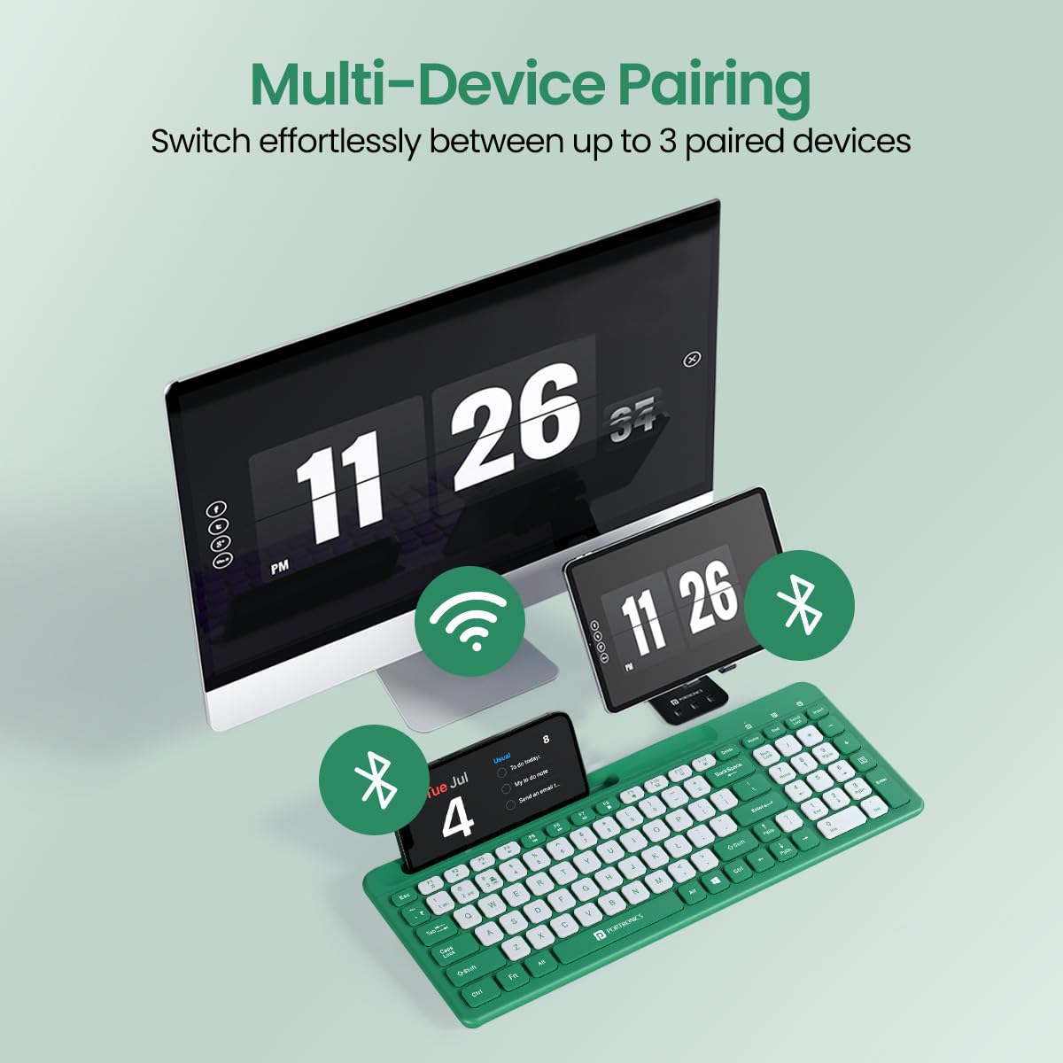 Portronics Bubble Square Wireless Keyboard with Bluetooth + 2.4 GHz USB Receiver, Dual Connectivity, Pair 3 Devices Max, Multimedia Hotkeys, for Laptop, PC, Smartphone, Tablet - Green - Image 3