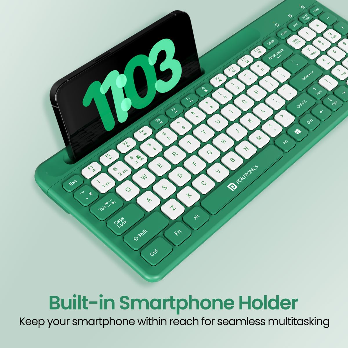 Portronics Bubble Square Wireless Keyboard with Bluetooth + 2.4 GHz USB Receiver, Dual Connectivity, Pair 3 Devices Max, Multimedia Hotkeys, for Laptop, PC, Smartphone, Tablet - Green - Image 4